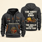 Sprinkler Fitter Skills Stay With You Quarter-Zip Hoodie in Gray, full authentic front and back views with matching sprinkler fitter tools and equipment artwork, original sample name/year and Skills Stay With You slogan.