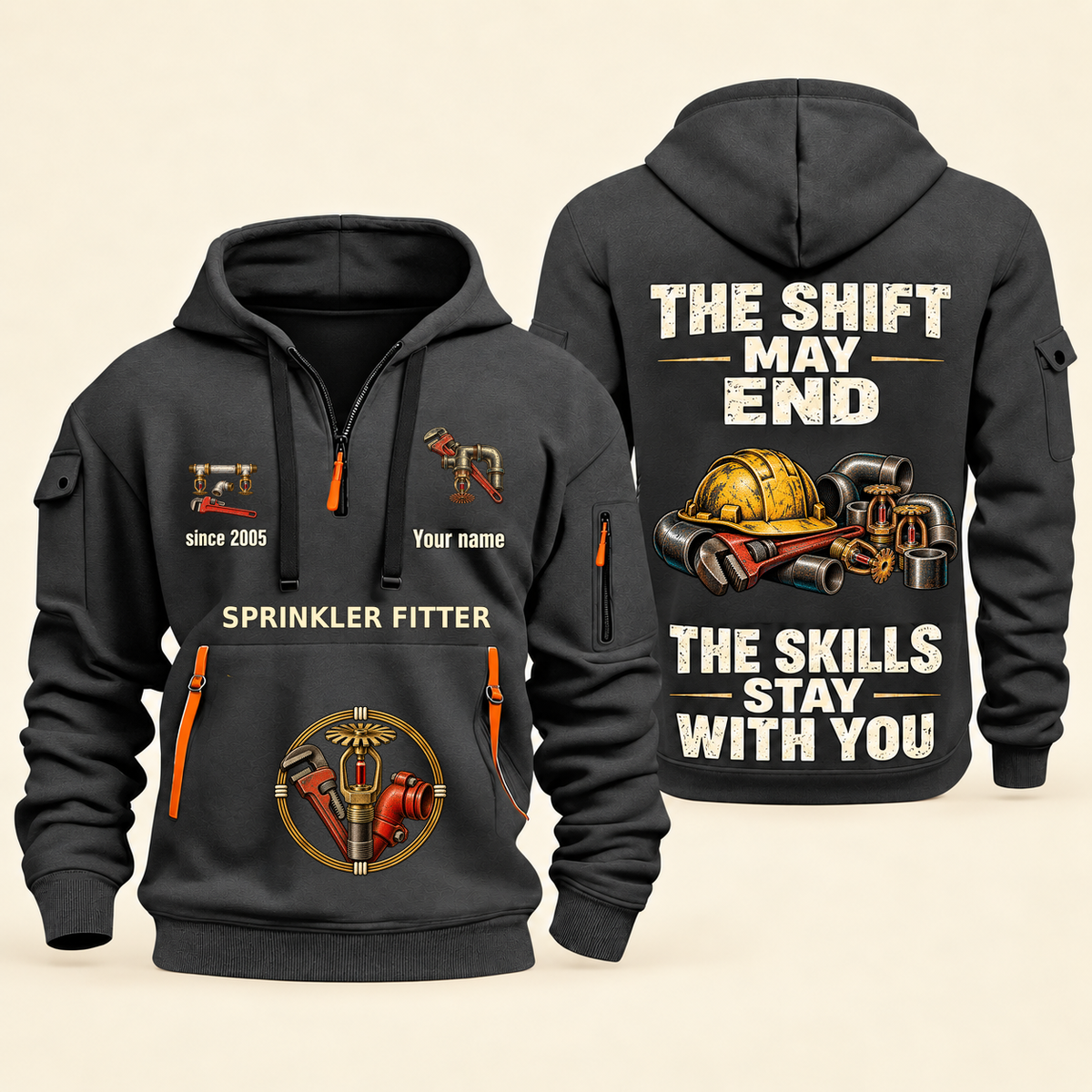 Sprinkler Fitter Skills Stay With You Quarter-Zip Hoodie in Gray, full authentic front and back views with matching sprinkler fitter tools and equipment artwork, original sample name/year and Skills Stay With You slogan.