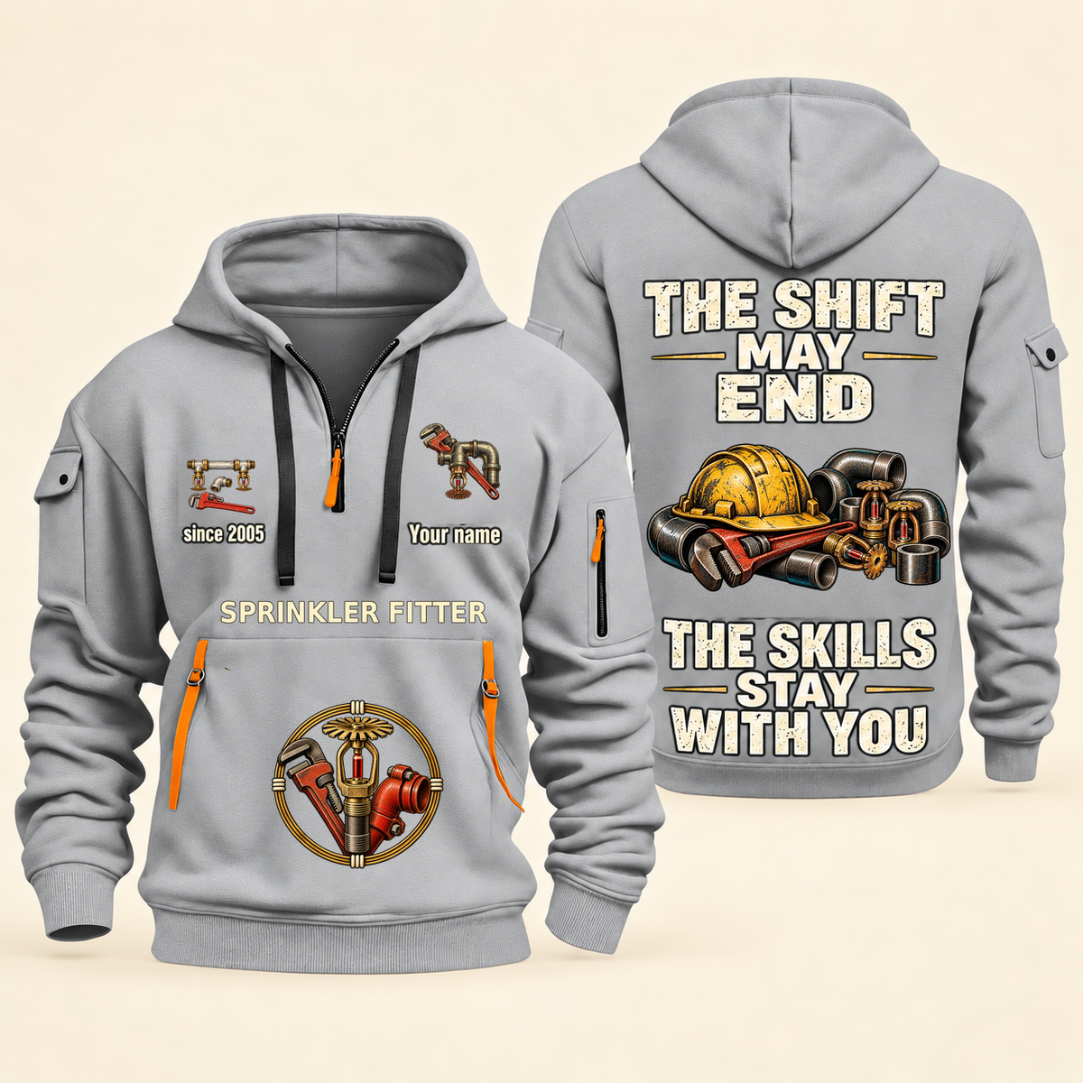 Sprinkler Fitter Skills Stay With You Quarter-Zip Hoodie in Light Grey, full authentic front and back views with matching sprinkler fitter tools and equipment artwork, original sample name/year and Skills Stay With You slogan.
