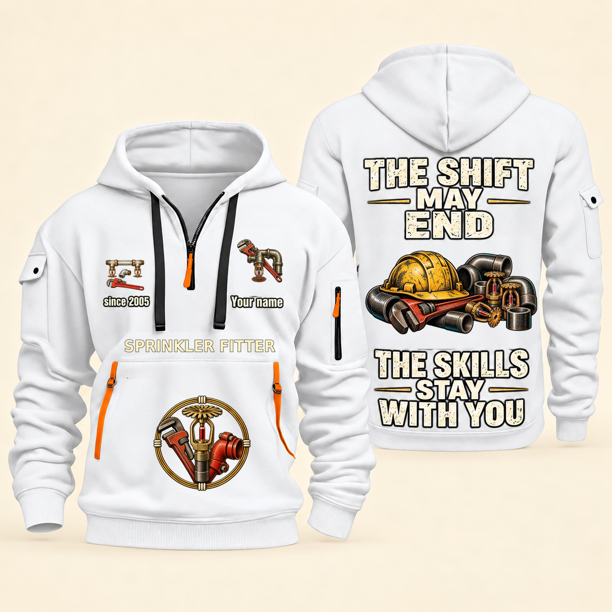 Sprinkler Fitter Skills Stay With You Quarter-Zip Hoodie in White, full authentic front and back views with matching sprinkler fitter tools and equipment artwork, original sample name/year and Skills Stay With You slogan.