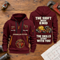 Sprinkler Fitter Skills Stay With You Quarter-Zip Hoodie in Wine Red, full authentic front and back views with matching sprinkler fitter tools and equipment artwork, original sample name/year and Skills Stay With You slogan. On a sprinkler fitter workbench.