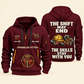 Sprinkler Fitter Skills Stay With You Quarter-Zip Hoodie in Wine Red, full authentic front and back views with matching sprinkler fitter tools and equipment artwork, original sample name/year and Skills Stay With You slogan.