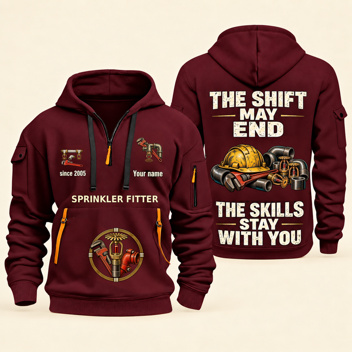 Sprinkler Fitter Skills Stay With You Quarter-Zip Hoodie in Wine Red, full authentic front and back views with matching sprinkler fitter tools and equipment artwork, original sample name/year and Skills Stay With You slogan.