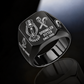 Sprinkler Fitter Split Emblem ring in Black, showing fire-sprinkler head and pipe-tool artwork with CUSTOM NAME and SINCE 2000 sample engraving.