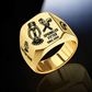 Sprinkler Fitter Split Emblem ring in Gold, showing fire-sprinkler head and pipe-tool artwork with CUSTOM NAME and SINCE 2000 sample engraving.