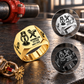 Sprinkler Fitter Split Emblem ring in Gold with separate Silver and Black inset views on a sprinkler-fitting workbench; sample CUSTOM NAME and SINCE 2000 engraving.