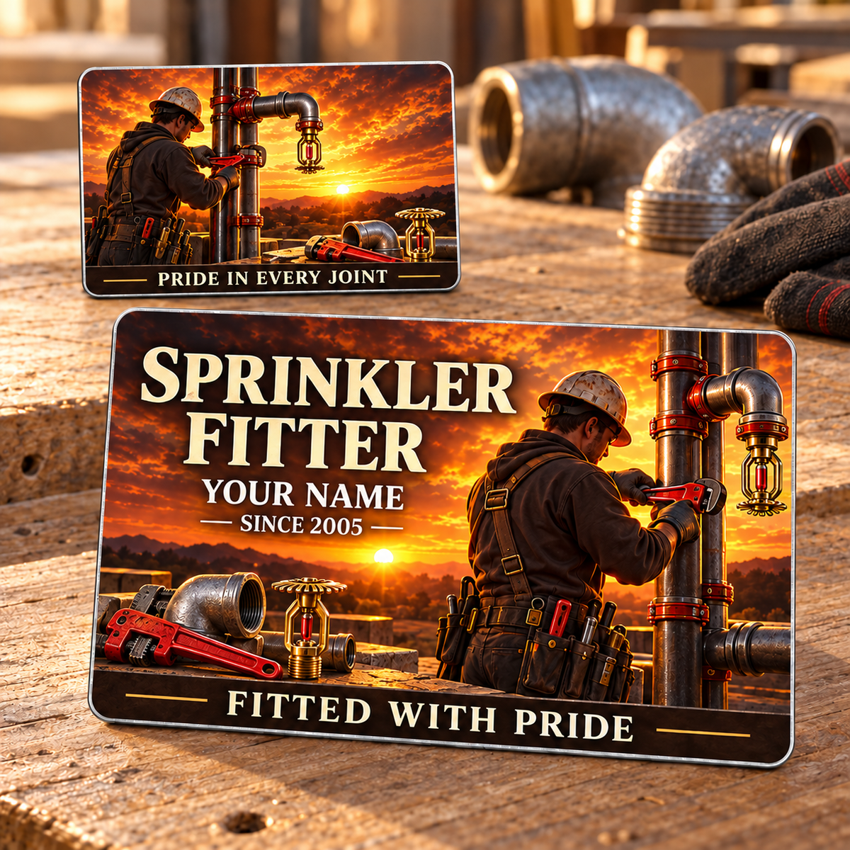 Sprinkler Fitter Sunset Workday Aluminum Wallet Card, complete front and reverse with amber sunset and cream printed artwork, pipe-wrench, steel pipework and fire-sprinkler motifs. Fixed illustrative artwork as shown.