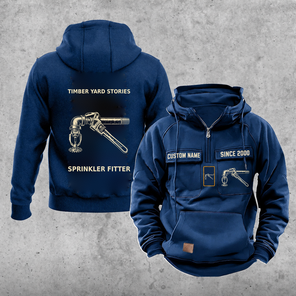 Sprinkler Fitter Vintage Hoodie - Timber Yard Stories — Dark Blue; faithful original Vintage Hoodie front and back artwork; CUSTOM NAME and SINCE 2000 on front chest.