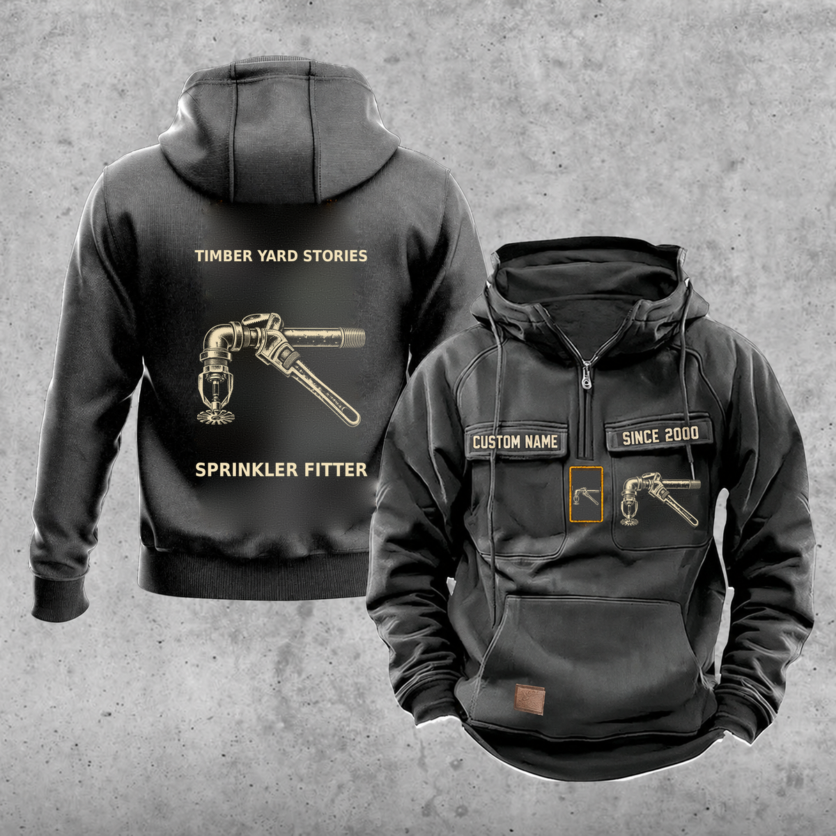 Sprinkler Fitter Vintage Hoodie - Timber Yard Stories — Dark Gray; faithful original Vintage Hoodie front and back artwork; CUSTOM NAME and SINCE 2000 on front chest.