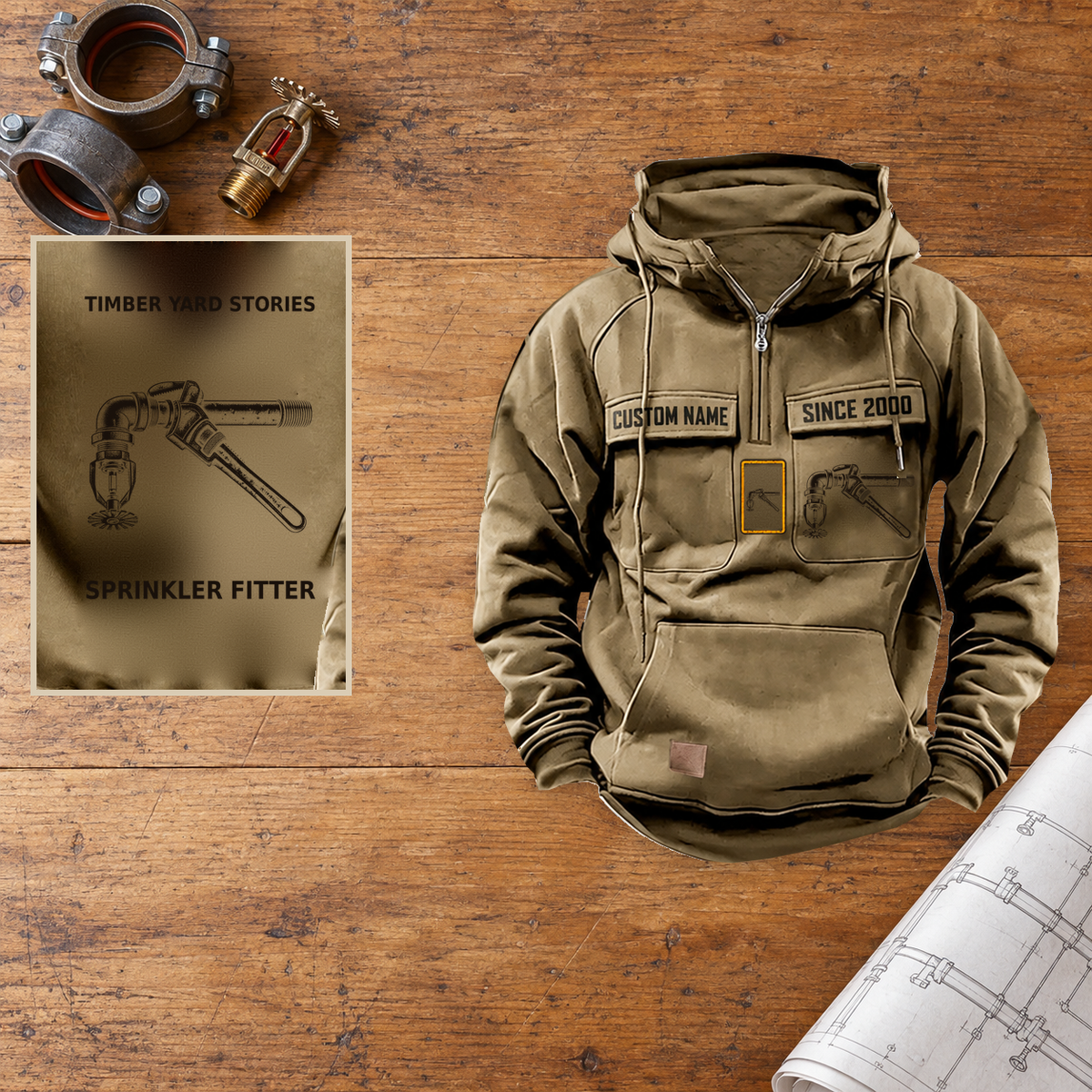 Sprinkler Fitter Vintage Hoodie - Timber Yard Stories — Hero; faithful original Vintage Hoodie front and back artwork; CUSTOM NAME and SINCE 2000 on front chest.