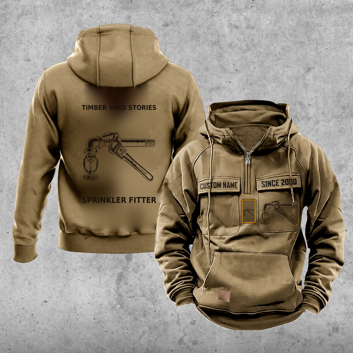 Sprinkler Fitter Vintage Hoodie - Timber Yard Stories — Khaki; faithful original Vintage Hoodie front and back artwork; CUSTOM NAME and SINCE 2000 on front chest.