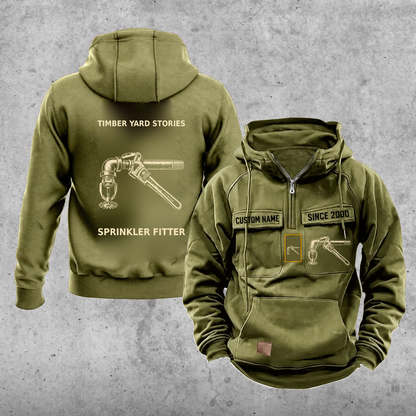 Sprinkler Fitter Vintage Hoodie - Timber Yard Stories — Olive Green; faithful original Vintage Hoodie front and back artwork; CUSTOM NAME and SINCE 2000 on front chest.