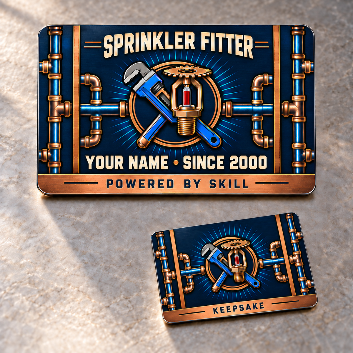 Sprinkler Fitter Aluminum Wallet Card - Toolmark Heritage – product view with CUSTOM NAME and SINCE 2000