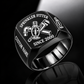 Black-finish Sprinkler Fitter Trade Emblem signet ring with pendent fire sprinkler, connected pipe fitting, pipe wrench and illustrated CUSTOM NAME and SINCE 2000 text