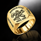 Gold-finish Sprinkler Fitter Trade Emblem signet ring with pendent fire sprinkler, connected pipe fitting, pipe wrench and illustrated CUSTOM NAME and SINCE 2000 text