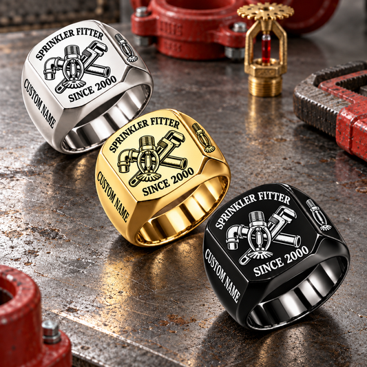 Sprinkler Fitter Trade Emblem signet rings in a Black-led diagonal arrangement with Silver and Gold on a stationary sprinkler-fitting workbench, with tools at rest