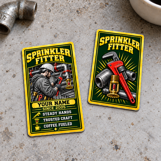 Sprinkler Fitter Trade Legend Aluminum Wallet Card, complete front and reverse with dark green and gold printed artwork, pipe-wrench, steel pipework and fire-sprinkler motifs. Fixed illustrative artwork as shown.