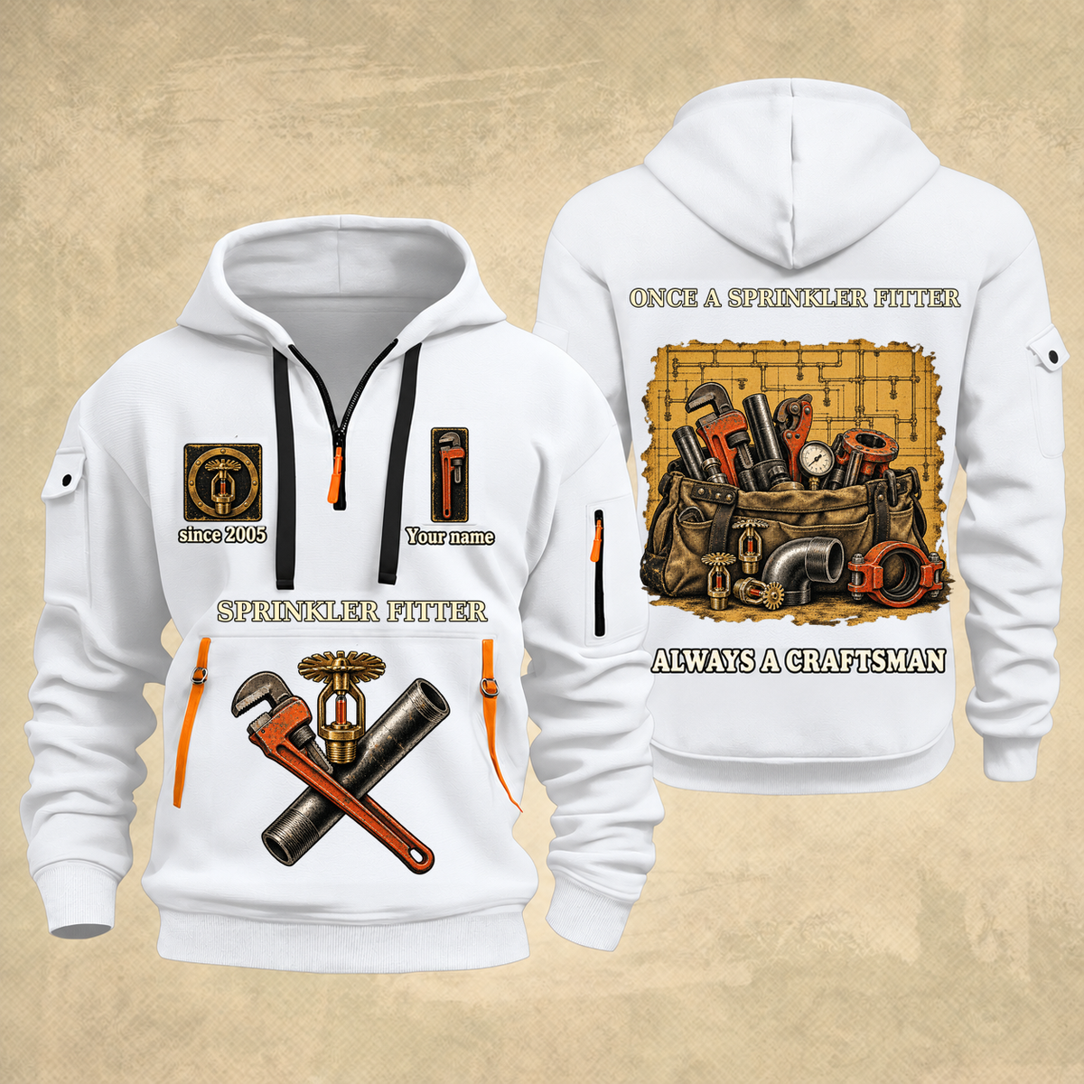 Sprinkler Fitter Trade For Life Quarter-Zip Hoodie in White, full authentic front and back views with matching sprinkler fitter tools and equipment artwork, original sample name/year, niche-specific ONCE A headline and original ALWAYS A CRAFTSMAN footer.