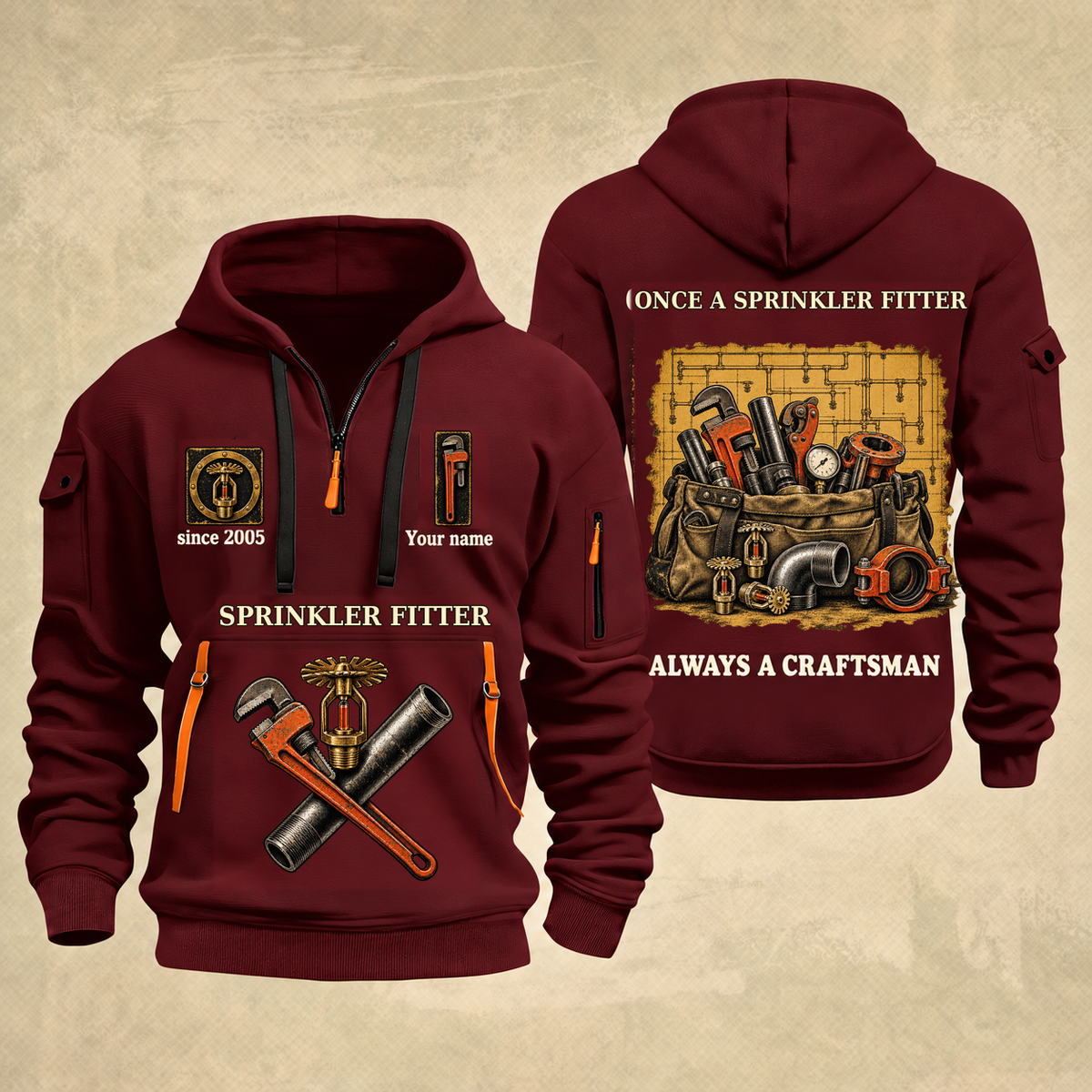 Sprinkler Fitter Trade For Life Quarter-Zip Hoodie in Wine Red, full authentic front and back views with matching sprinkler fitter tools and equipment artwork, original sample name/year, niche-specific ONCE A headline and original ALWAYS A CRAFTSMAN footer.