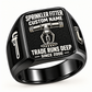 Black Sprinkler Fitter Trade Runs Deep signet ring with fire sprinkler head, pipe-wrench and elbow-fitting artwork