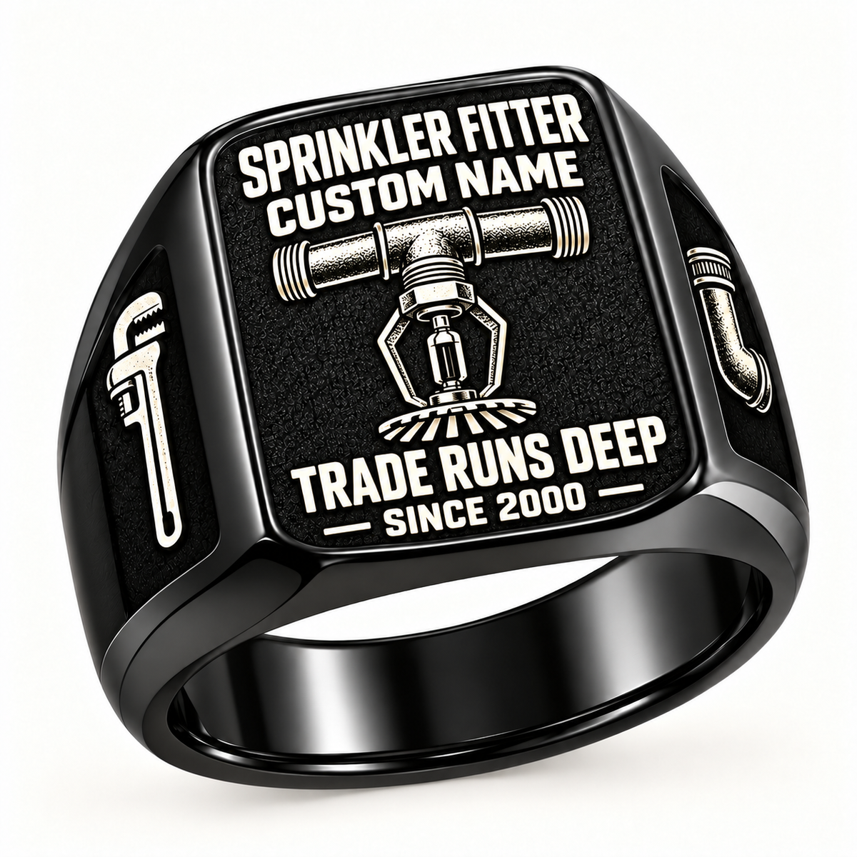 Black Sprinkler Fitter Trade Runs Deep signet ring with fire sprinkler head, pipe-wrench and elbow-fitting artwork