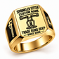 Gold Sprinkler Fitter Trade Runs Deep signet ring with fire sprinkler head, pipe-wrench and elbow-fitting artwork