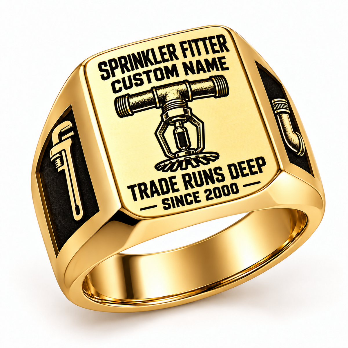 Gold Sprinkler Fitter Trade Runs Deep signet ring with fire sprinkler head, pipe-wrench and elbow-fitting artwork