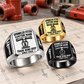Sprinkler Fitter Trade Runs Deep signet ring in Silver, Gold and Black, arranged on a stationary fire-protection planning surface