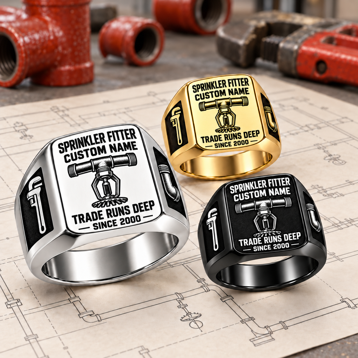 Sprinkler Fitter Trade Runs Deep signet ring in Silver, Gold and Black, arranged on a stationary fire-protection planning surface