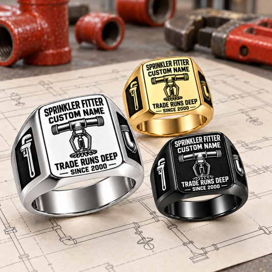Sprinkler Fitter Trade Runs Deep signet ring in Silver, Gold and Black, arranged on a stationary fire-protection planning surface