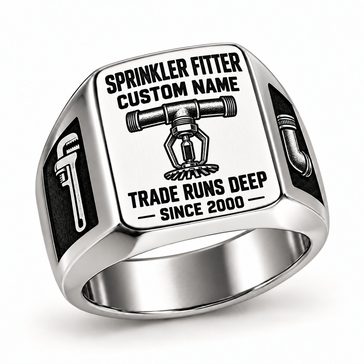 Silver Sprinkler Fitter Trade Runs Deep signet ring with fire sprinkler head, pipe-wrench and elbow-fitting artwork
