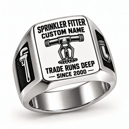 Silver Sprinkler Fitter Trade Runs Deep signet ring with fire sprinkler head, pipe-wrench and elbow-fitting artwork