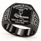 Black Sprinkler Fitter True to the Craft ring with connected fire-sprinkler, pipe and wrench artwork and pipe-work shoulder engraving
