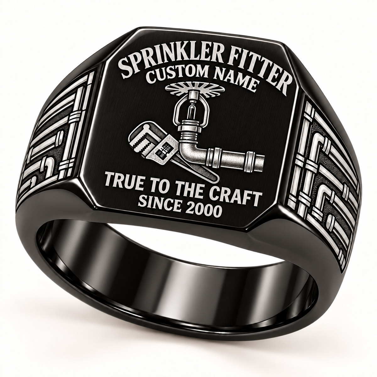 Black Sprinkler Fitter True to the Craft ring with connected fire-sprinkler, pipe and wrench artwork and pipe-work shoulder engraving