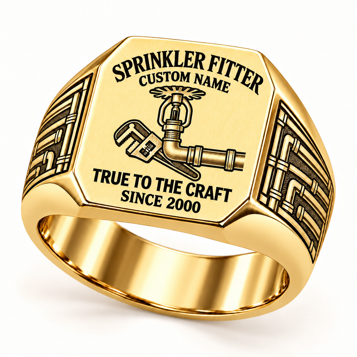 Gold Sprinkler Fitter True to the Craft ring with connected fire-sprinkler, pipe and wrench artwork and pipe-work shoulder engraving