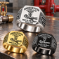 Silver-led triangular display of Sprinkler Fitter True to the Craft rings in Silver, Gold and Black at a fire-sprinkler fitting bench