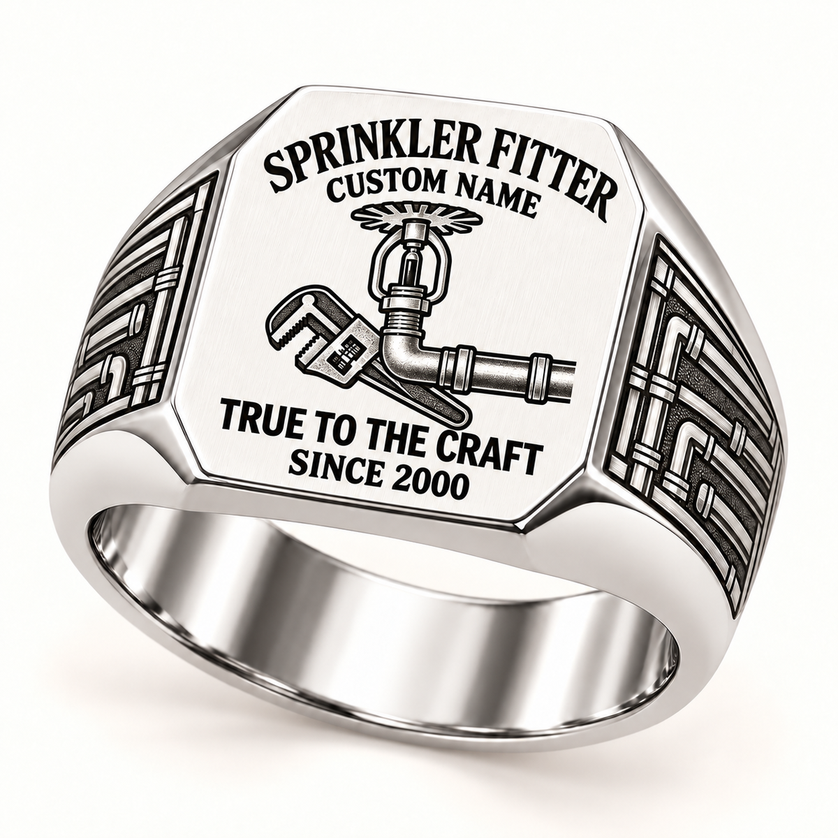 Silver Sprinkler Fitter True to the Craft ring with connected fire-sprinkler, pipe and wrench artwork and pipe-work shoulder engraving