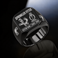 Black-finish Sprinkler Fitter Twin Icons signet ring with pipe wrench and connected fittings beside a pendent fire sprinkler, elbow shoulder emblems and illustrated CUSTOM NAME and SINCE 2000 text