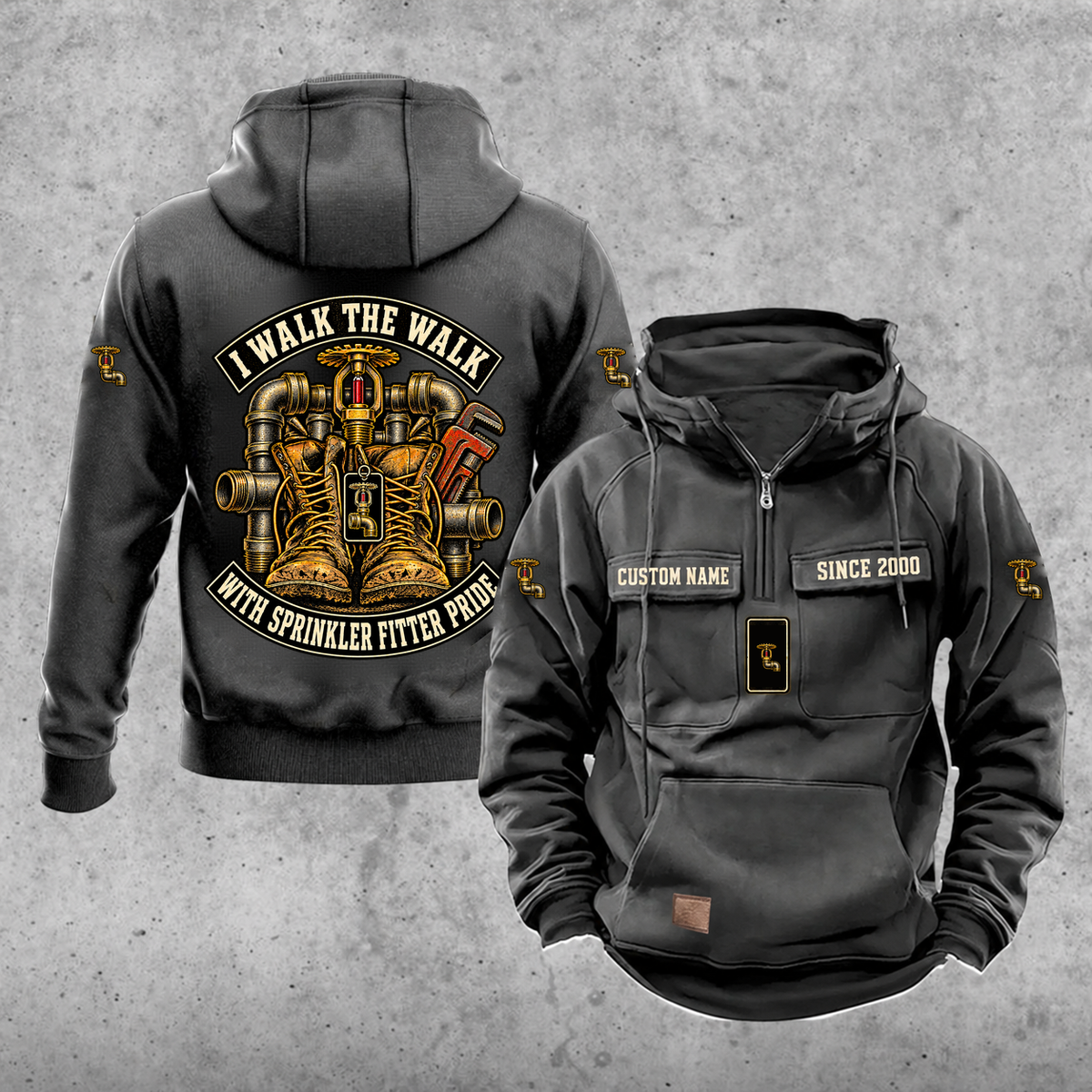 Sprinkler Fitter Walk the Walk Badge Vintage Hoodie in Dark Gray, front and back, with work boots and a fire sprinkler head, steel pipe fittings and a pipe wrench, matching sleeve and chest emblems, and illustrative CUSTOM NAME and SINCE 2000 text.