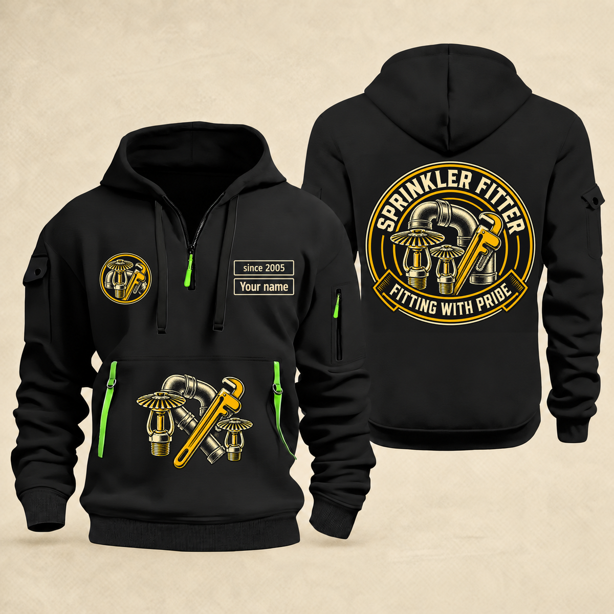 Sprinkler Fitter Fitting With Pride Quarter-Zip Hoodie in Black, full authentic front and back views with matching sprinkler fitter tools and equipment artwork, original sample name/year and trade-pride badge lettering.