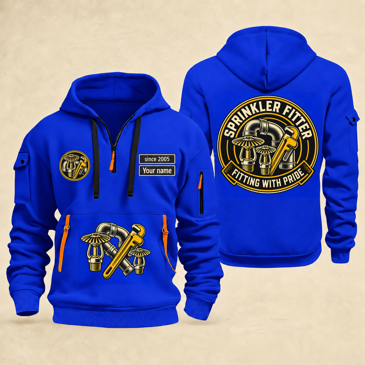 Sprinkler Fitter Fitting With Pride Quarter-Zip Hoodie in Blue, full authentic front and back views with matching sprinkler fitter tools and equipment artwork, original sample name/year and trade-pride badge lettering.