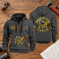 Sprinkler Fitter Fitting With Pride Quarter-Zip Hoodie in Gray, full authentic front and back views with matching sprinkler fitter tools and equipment artwork, original sample name/year and trade-pride badge lettering. On a sprinkler fitter workbench.