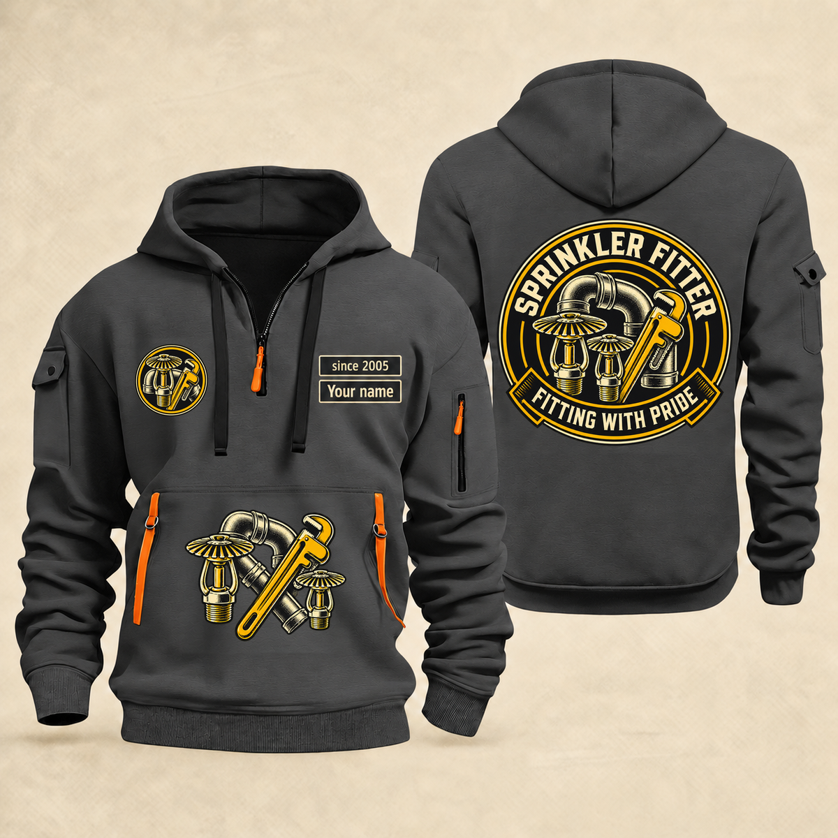 Sprinkler Fitter Fitting With Pride Quarter-Zip Hoodie in Gray, full authentic front and back views with matching sprinkler fitter tools and equipment artwork, original sample name/year and trade-pride badge lettering.