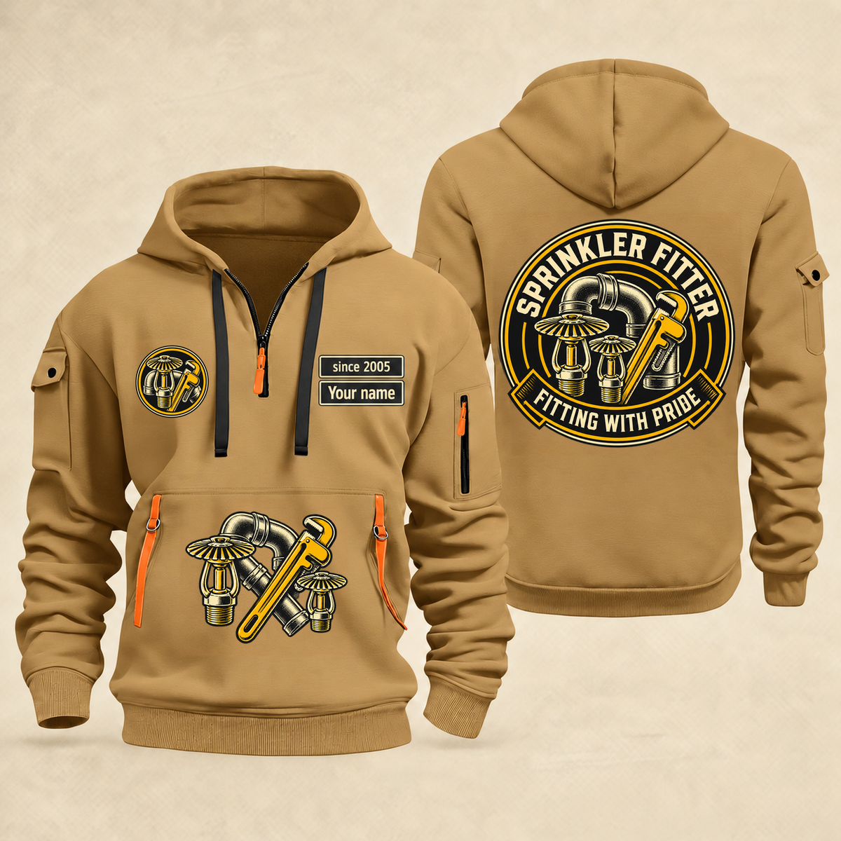 Sprinkler Fitter Fitting With Pride Quarter-Zip Hoodie in Khaki, full authentic front and back views with matching sprinkler fitter tools and equipment artwork, original sample name/year and trade-pride badge lettering.