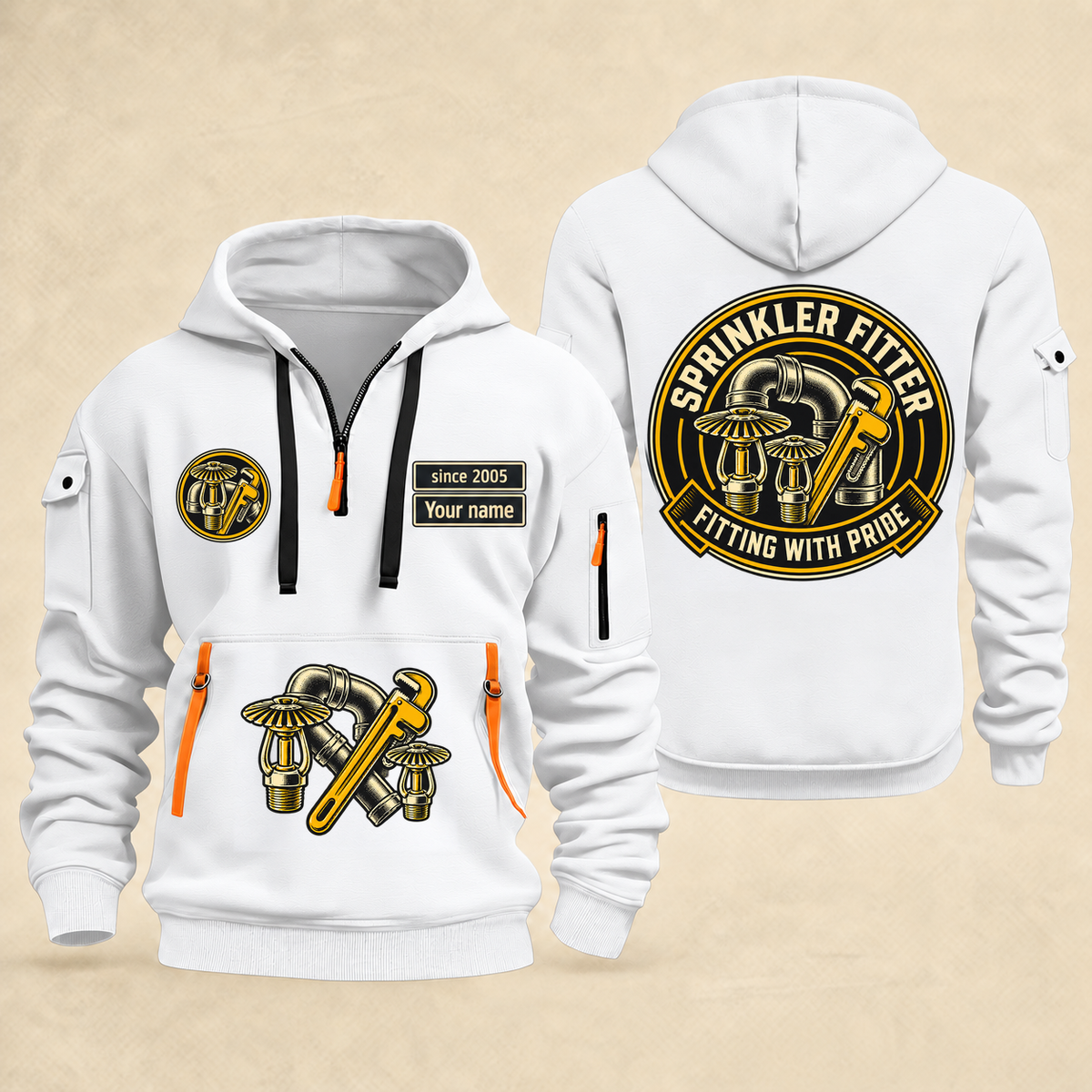 Sprinkler Fitter Fitting With Pride Quarter-Zip Hoodie in White, full authentic front and back views with matching sprinkler fitter tools and equipment artwork, original sample name/year and trade-pride badge lettering.