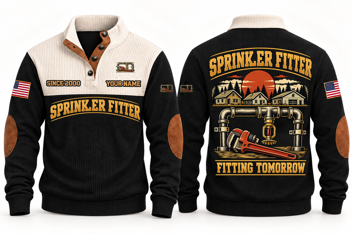Sprinkler Fitter Fitting Tomorrow Sports Sweatshirt in Black, front and back views with occupation artwork and original sample YOUR NAME and SINCE 2000 text