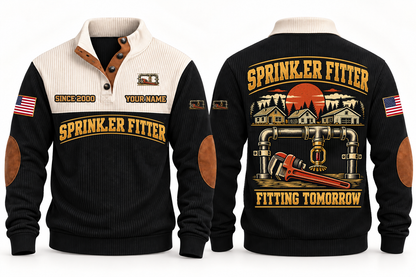 Sprinkler Fitter Fitting Tomorrow Sports Sweatshirt in Black, front and back views with occupation artwork and original sample YOUR NAME and SINCE 2000 text