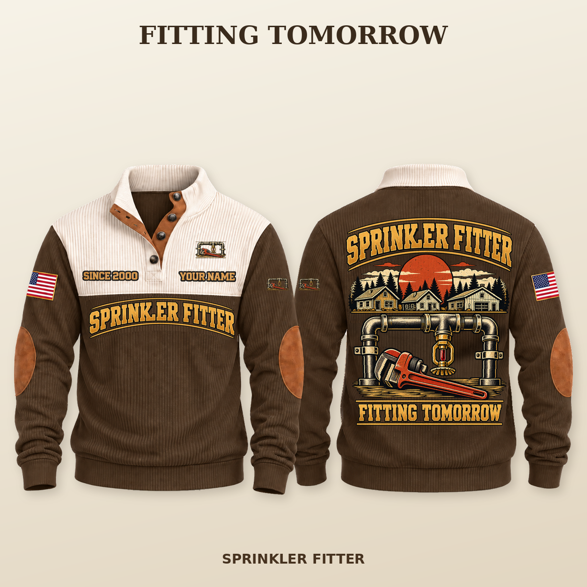 Sprinkler Fitter Fitting Tomorrow Sports Sweatshirt in Brown, source-supported front and back studio composition