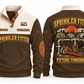 Sprinkler Fitter Fitting Tomorrow Sports Sweatshirt in Brown, front and back views with occupation artwork and original sample YOUR NAME and SINCE 2000 text