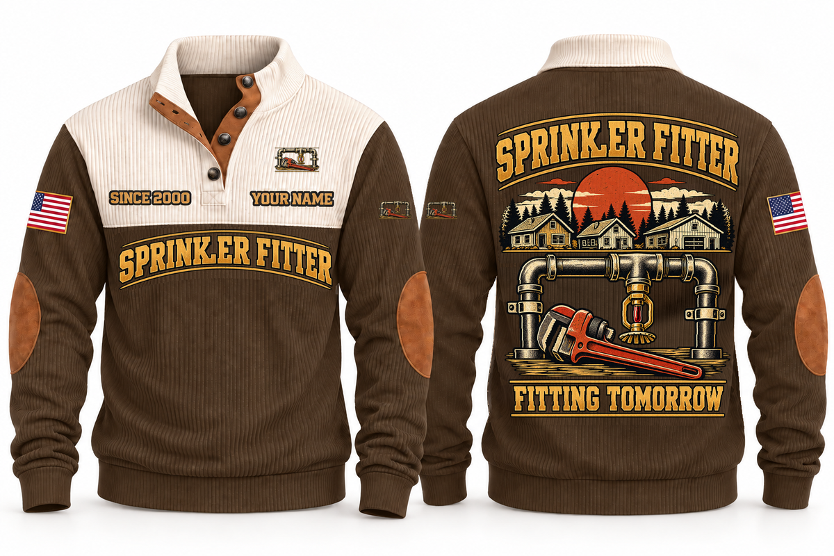 Sprinkler Fitter Fitting Tomorrow Sports Sweatshirt in Brown, front and back views with occupation artwork and original sample YOUR NAME and SINCE 2000 text